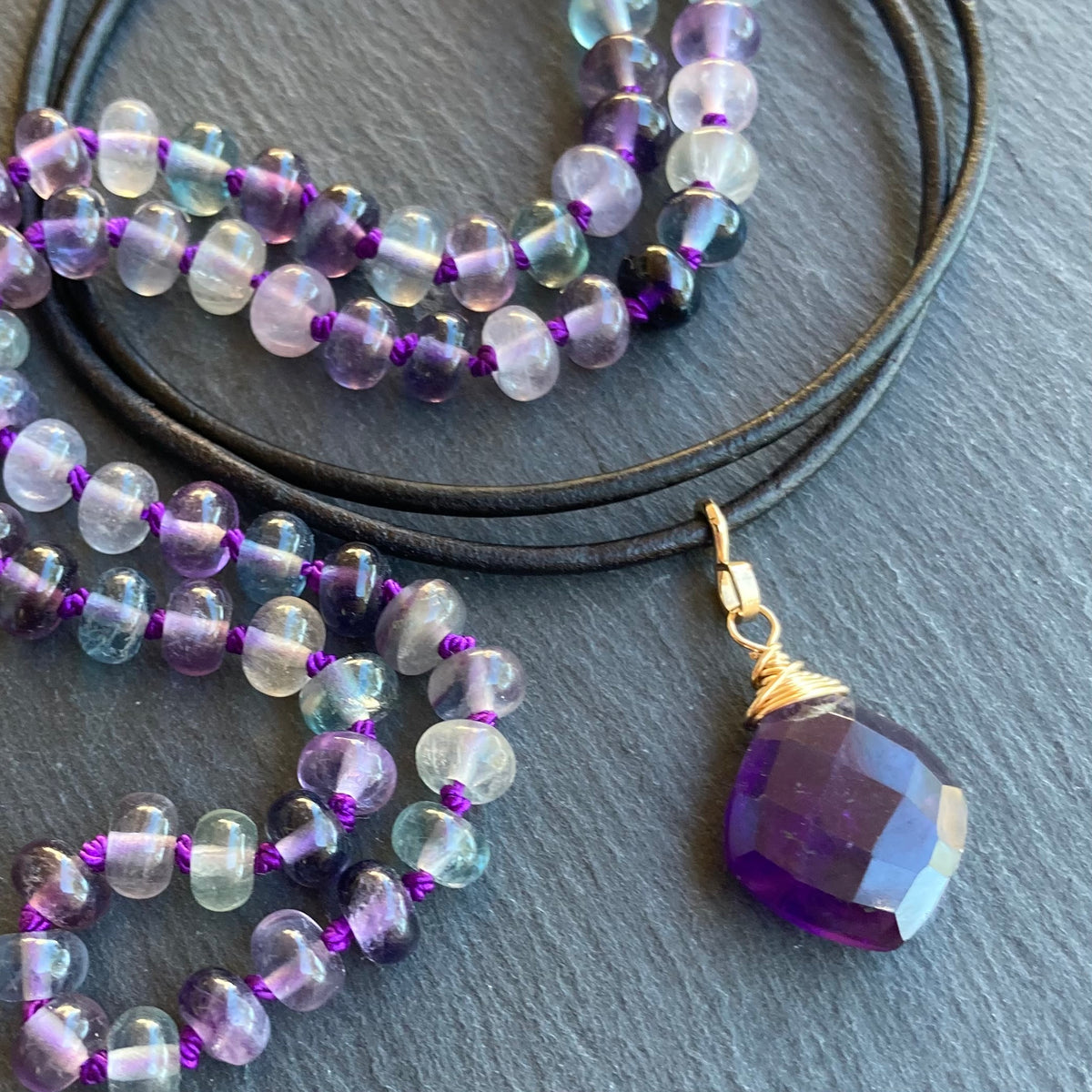 Rainbow Fluorite Hand Knotted Silk Necklace