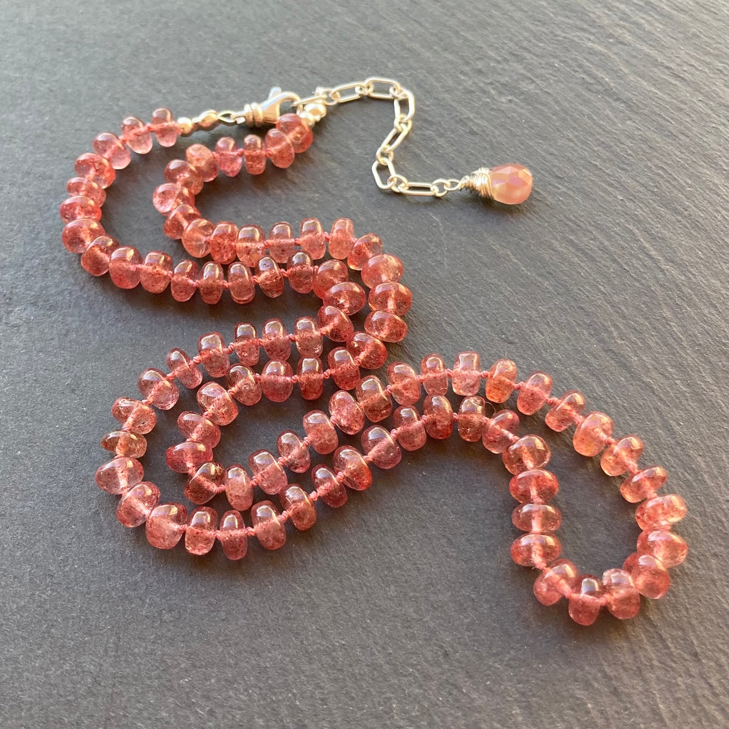 Custom Strawberry Quartz Hand Knotted Silk Necklace