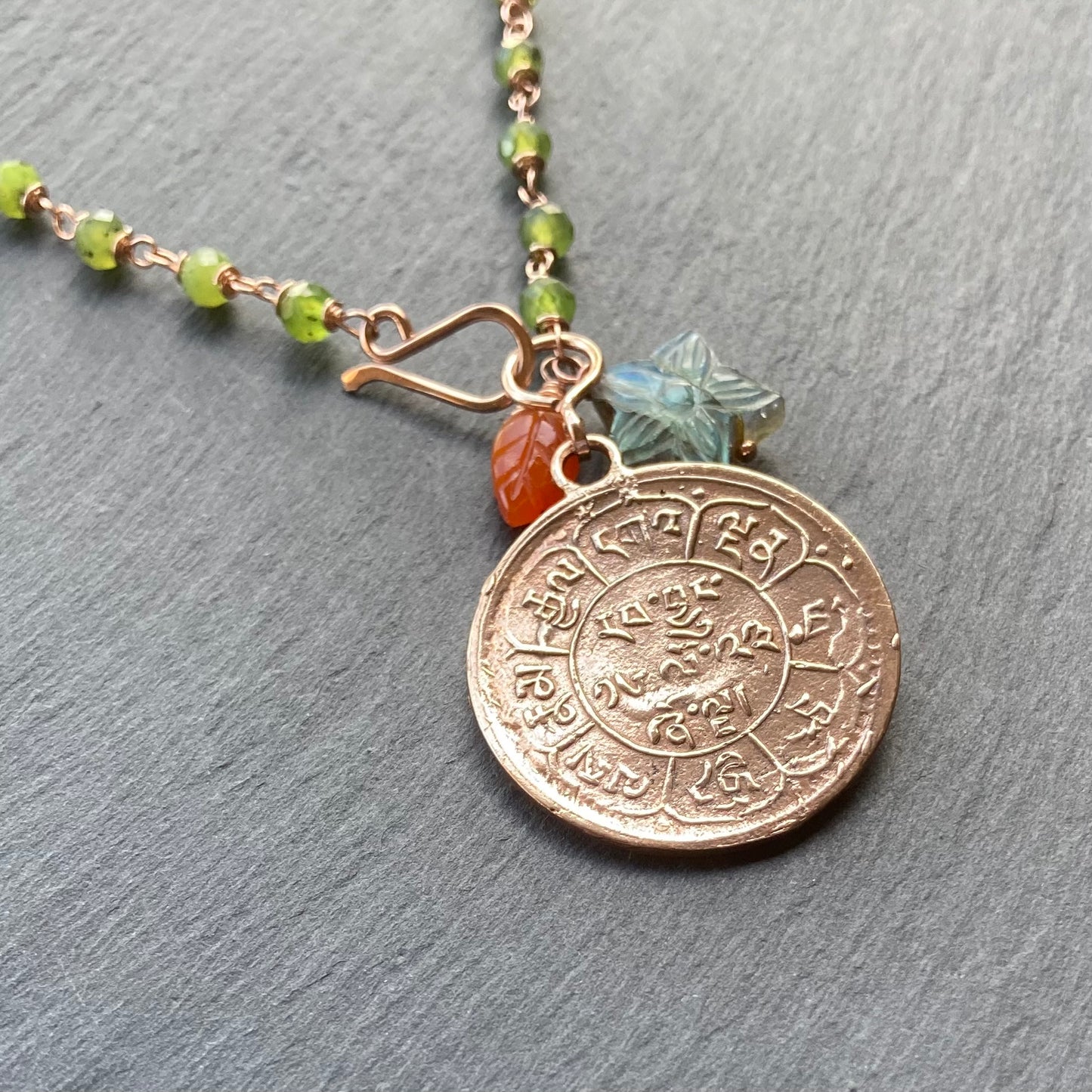Nephrite Jade, Rose Gold & Bronze Tibetan Snow Lion Coin Necklace