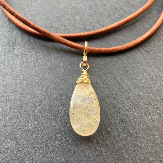 Golden Rutilated Quartz & Gold Leather Choker