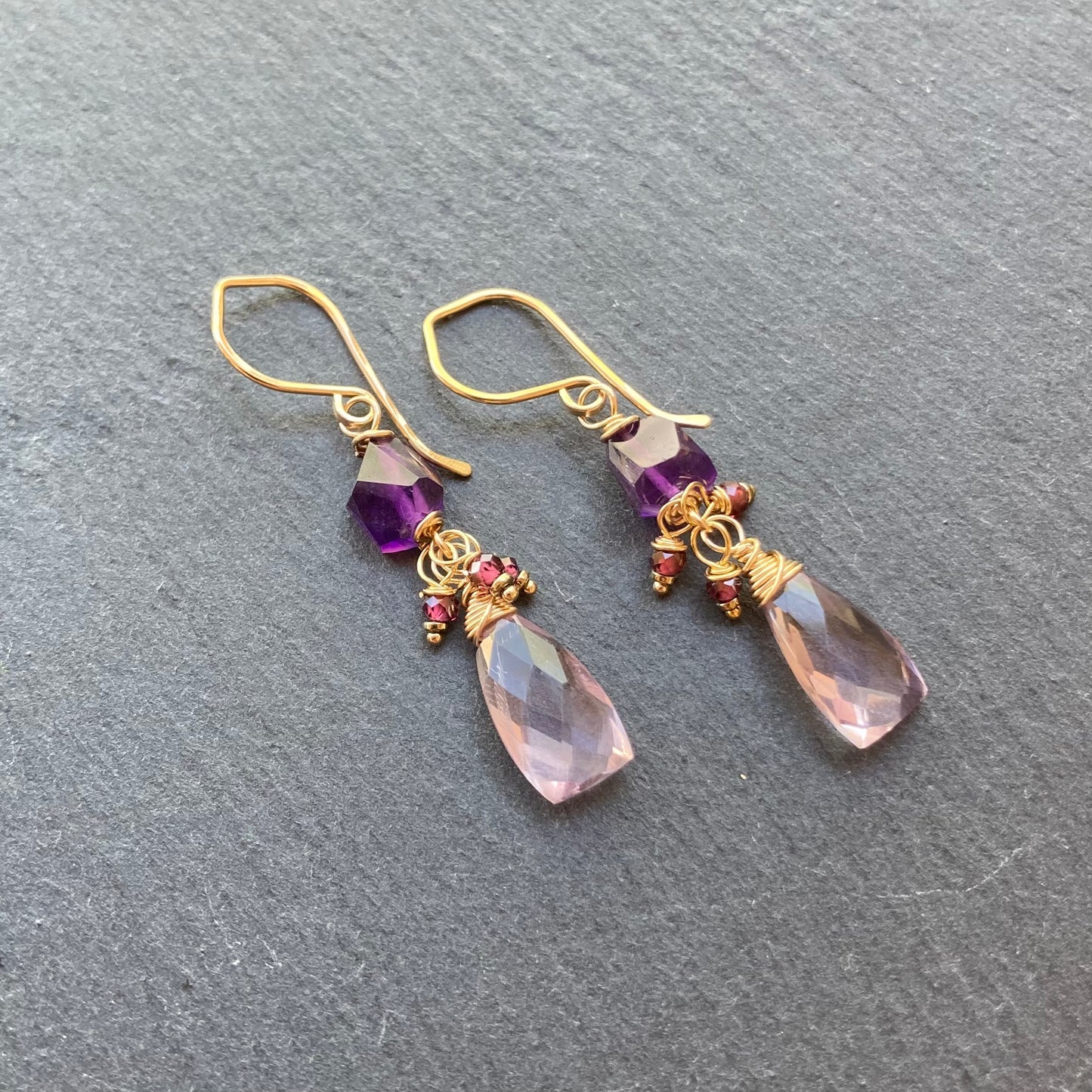 Amethyst, Rhodolite Garnet & Gold Earrings