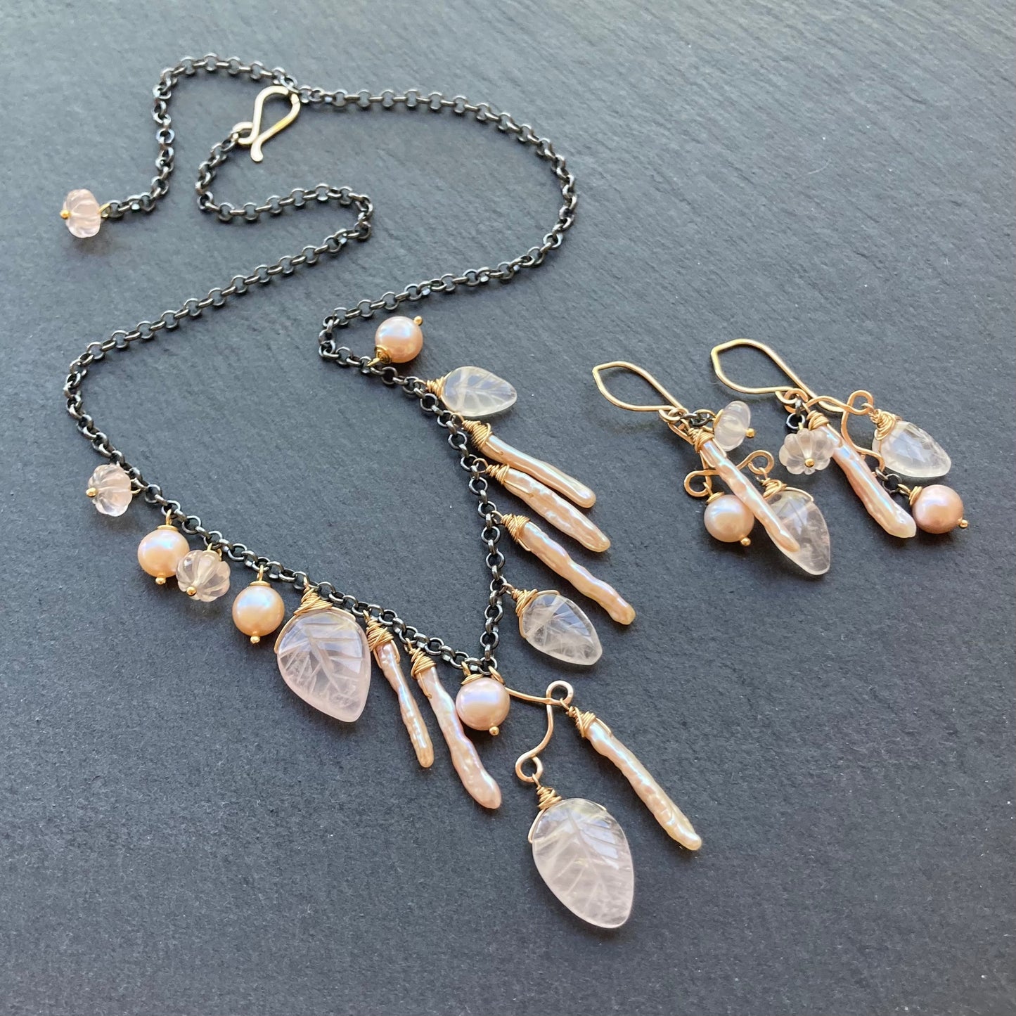 Rose Quartz, Pink Freshwater Pearl & Mixed Metal Earrings