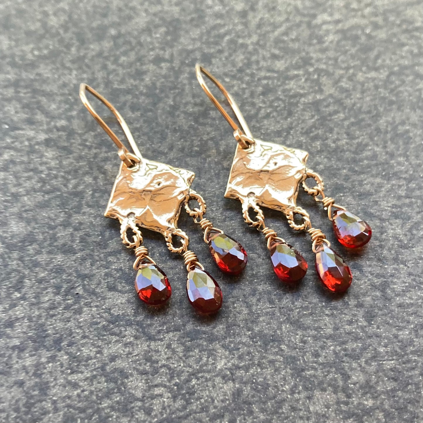 Mozambique Garnet, Gold & Bronze Chandelier Earrings