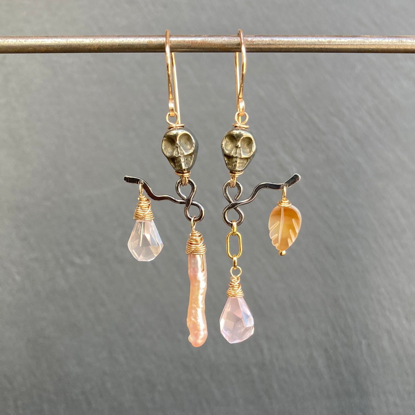 Rose Quartz, Pearl & Pyrite Calavera Talisman Earrings