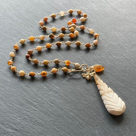 Fossil Coral, Dendritic Opal & Gold Nectar Pendant Necklace