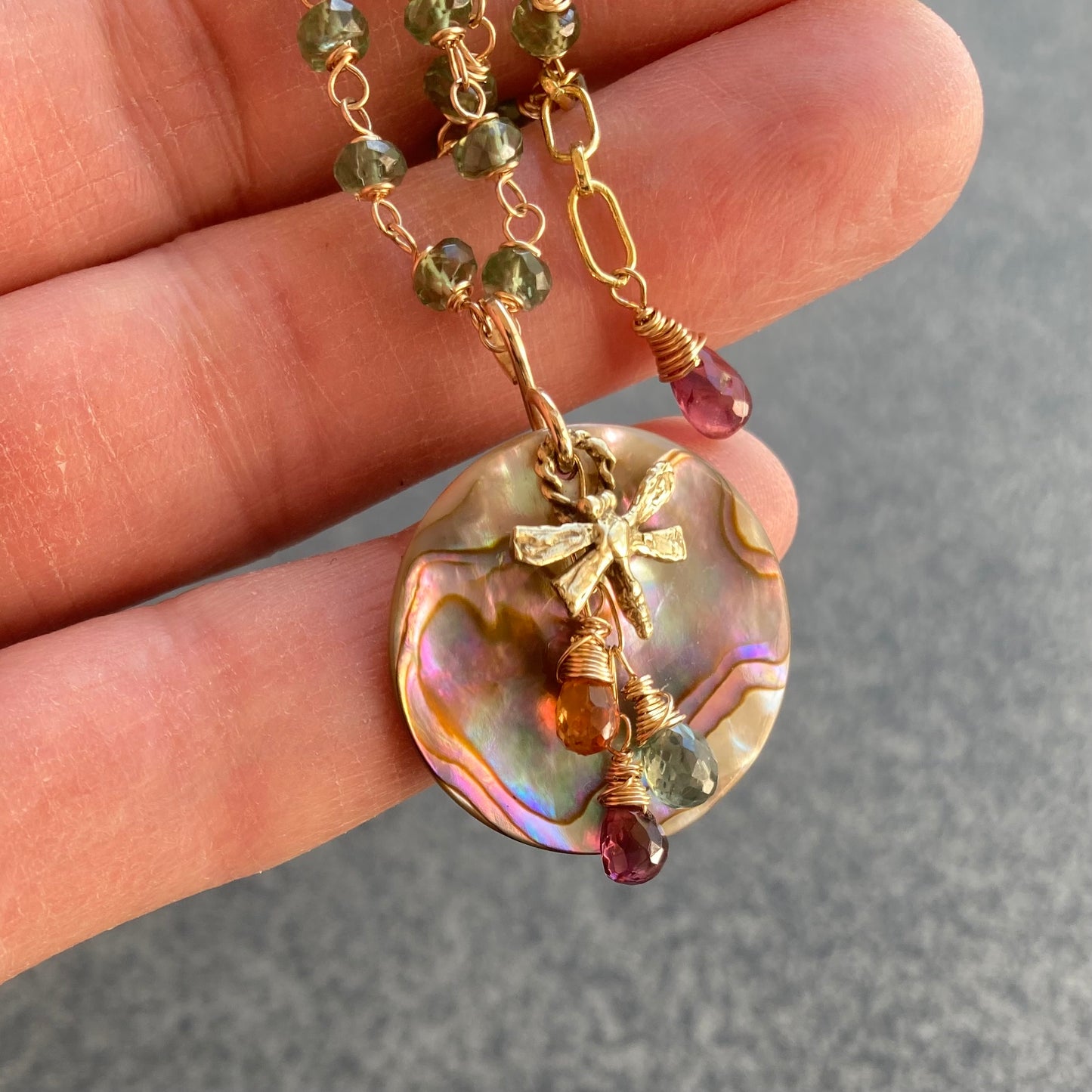 Green Apatite, Gold, Vintage Abalone & Bronze Dragonfly Reflection Pendant Necklace