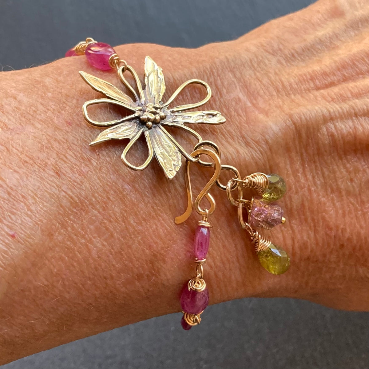 Pink Sapphire, Petro Tourmaline, Gold & Bronze Flower Link Bracelet