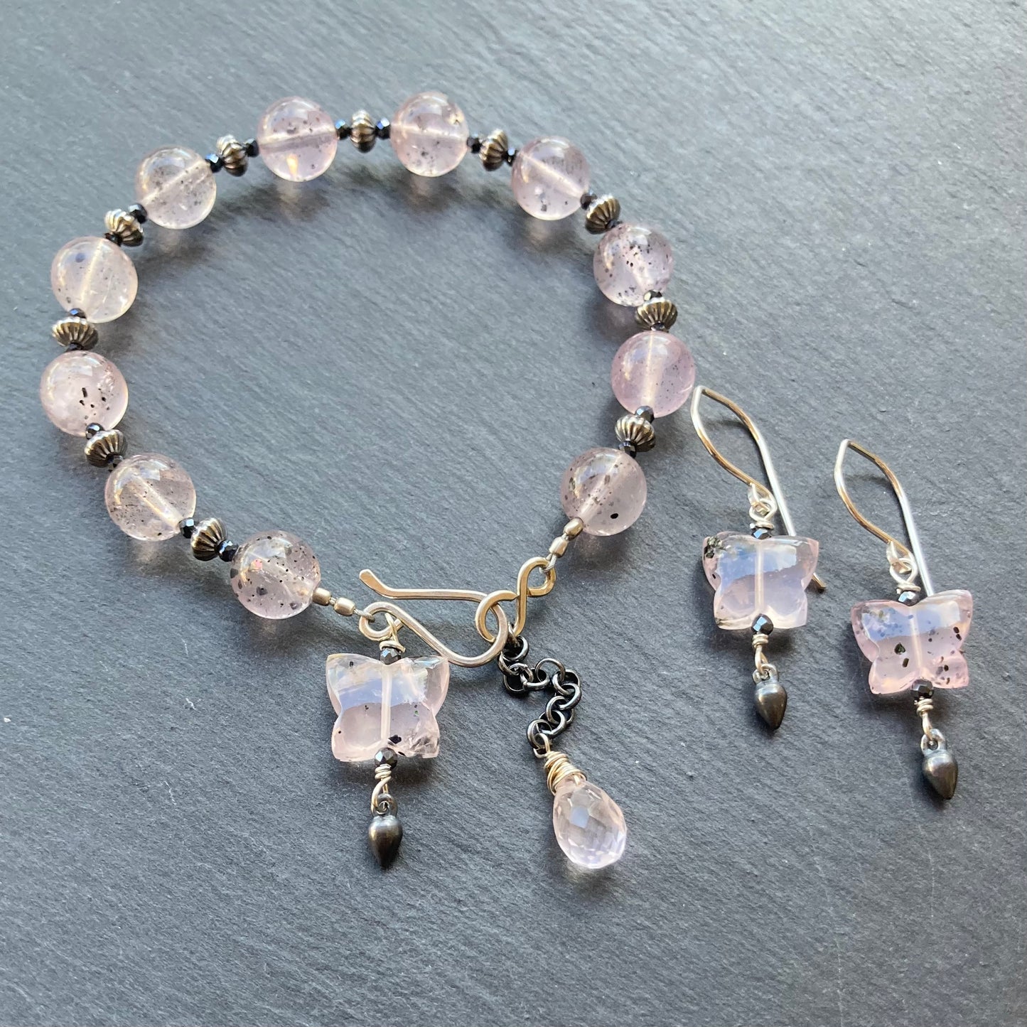Hematite in Rose Quartz & Sterling Silver Butterfly Charm Bracelet