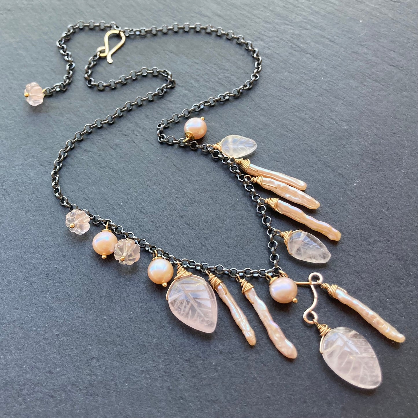 Rose Quartz, Pink Freshwater Pearl & Mixed Metal Asymmetrical Charm Choker