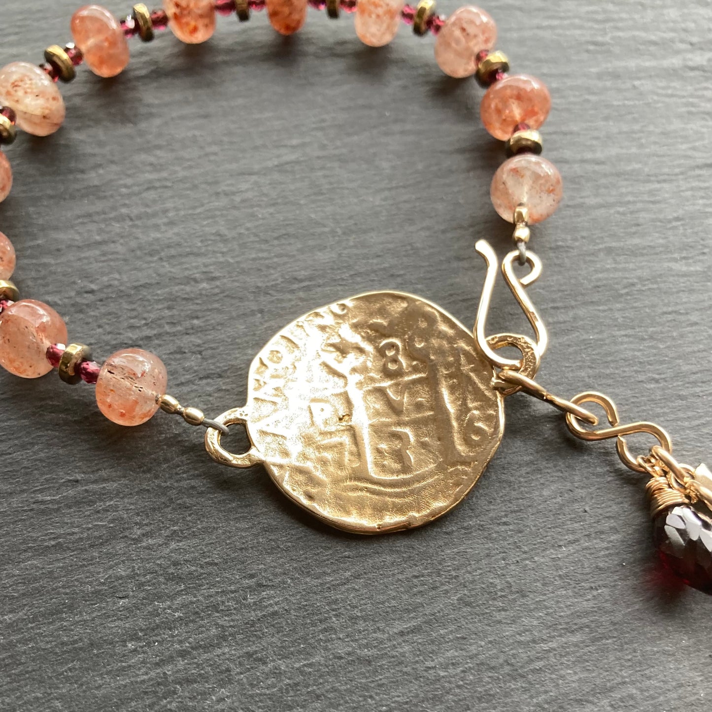 Strawberry Quartz & Bronze Spanish Coin Bracelet