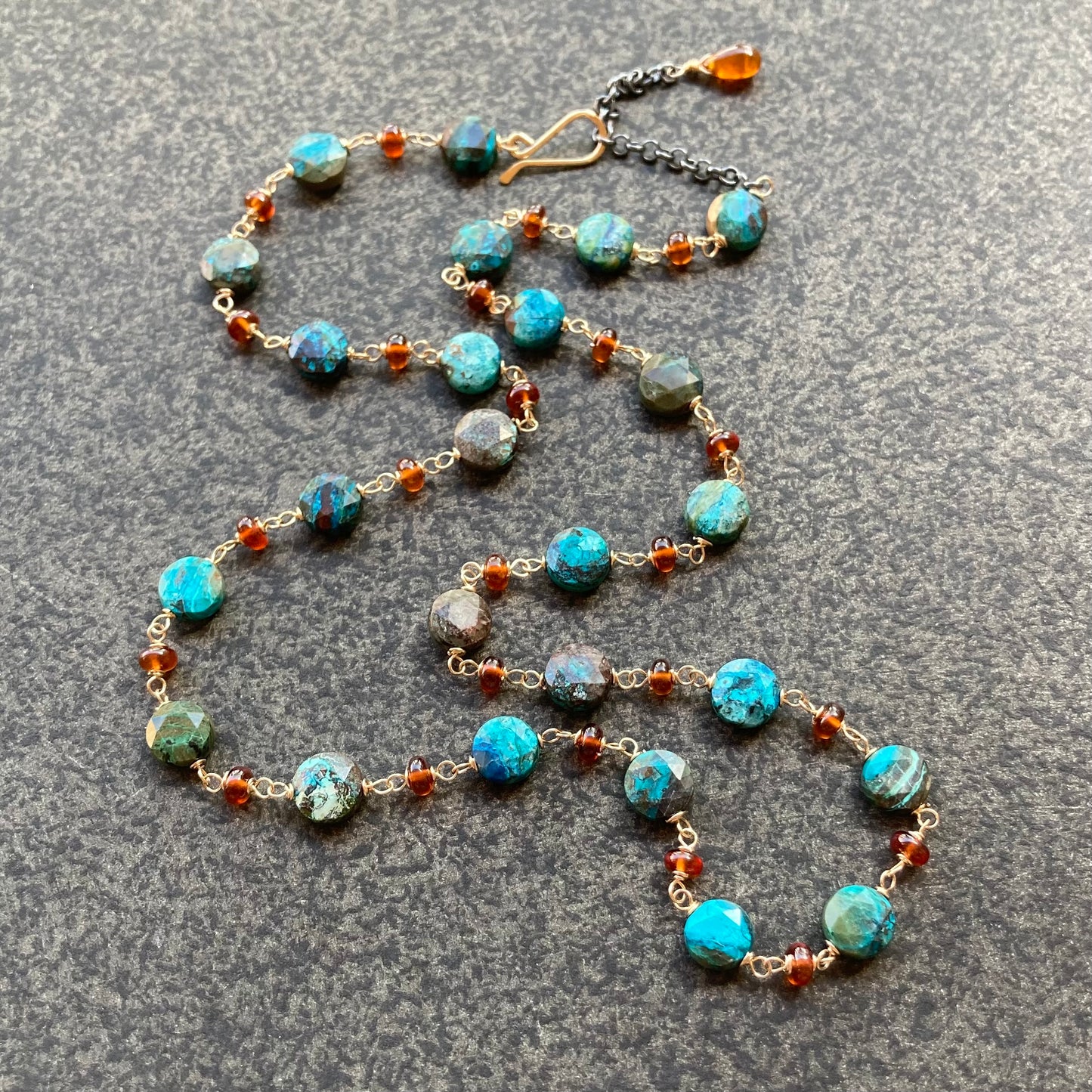 Natural Chrysocolla, Hessonite & Gold Necklace