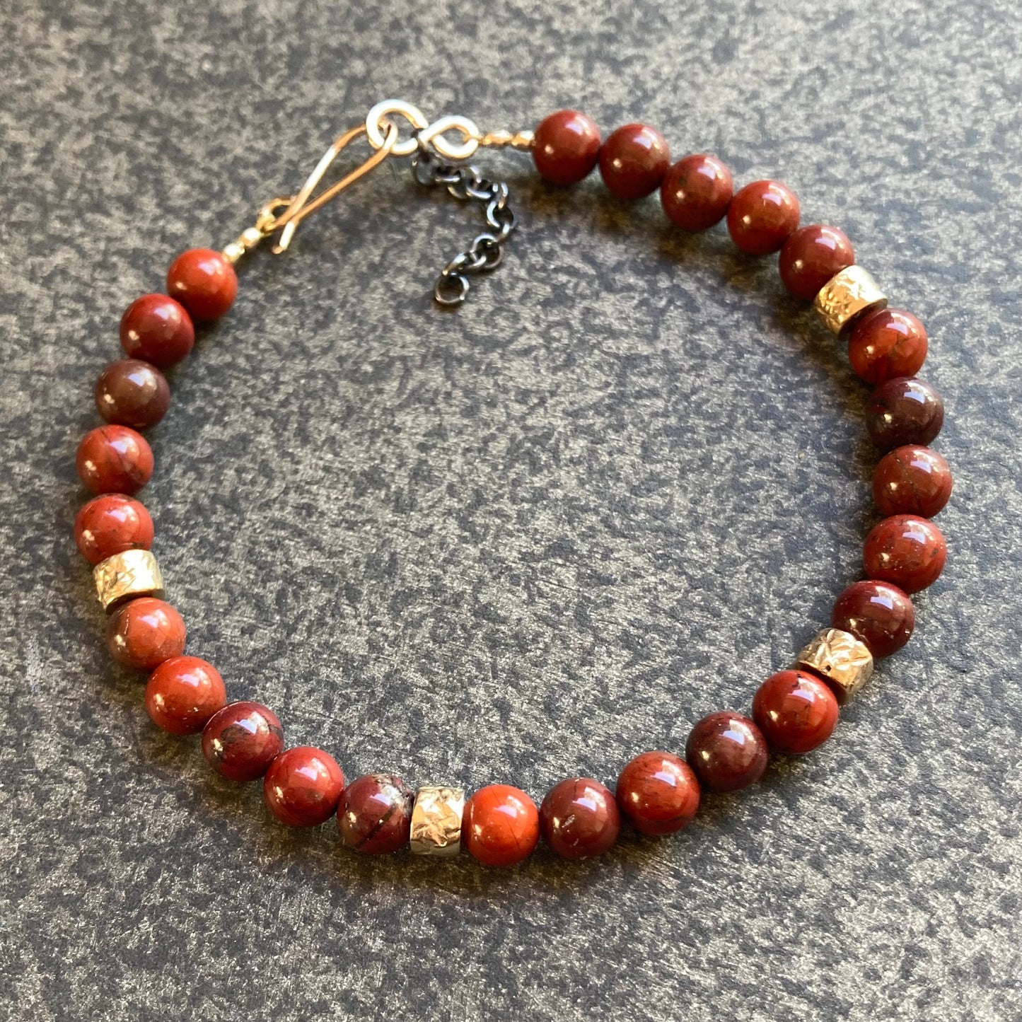 Men’s/Unisex Apple Jasper & Artisan Bronze Bead Mixed Metal Bracelet