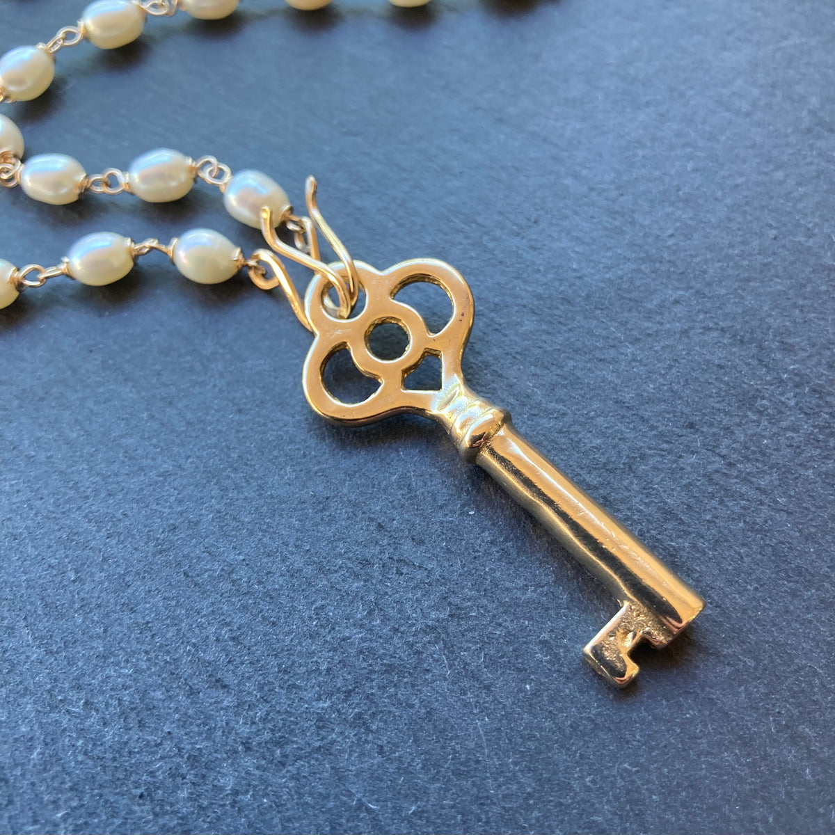 Freshwater Pearl, Gold & Bronze Skeleton Key Convertible Pendant Necklace