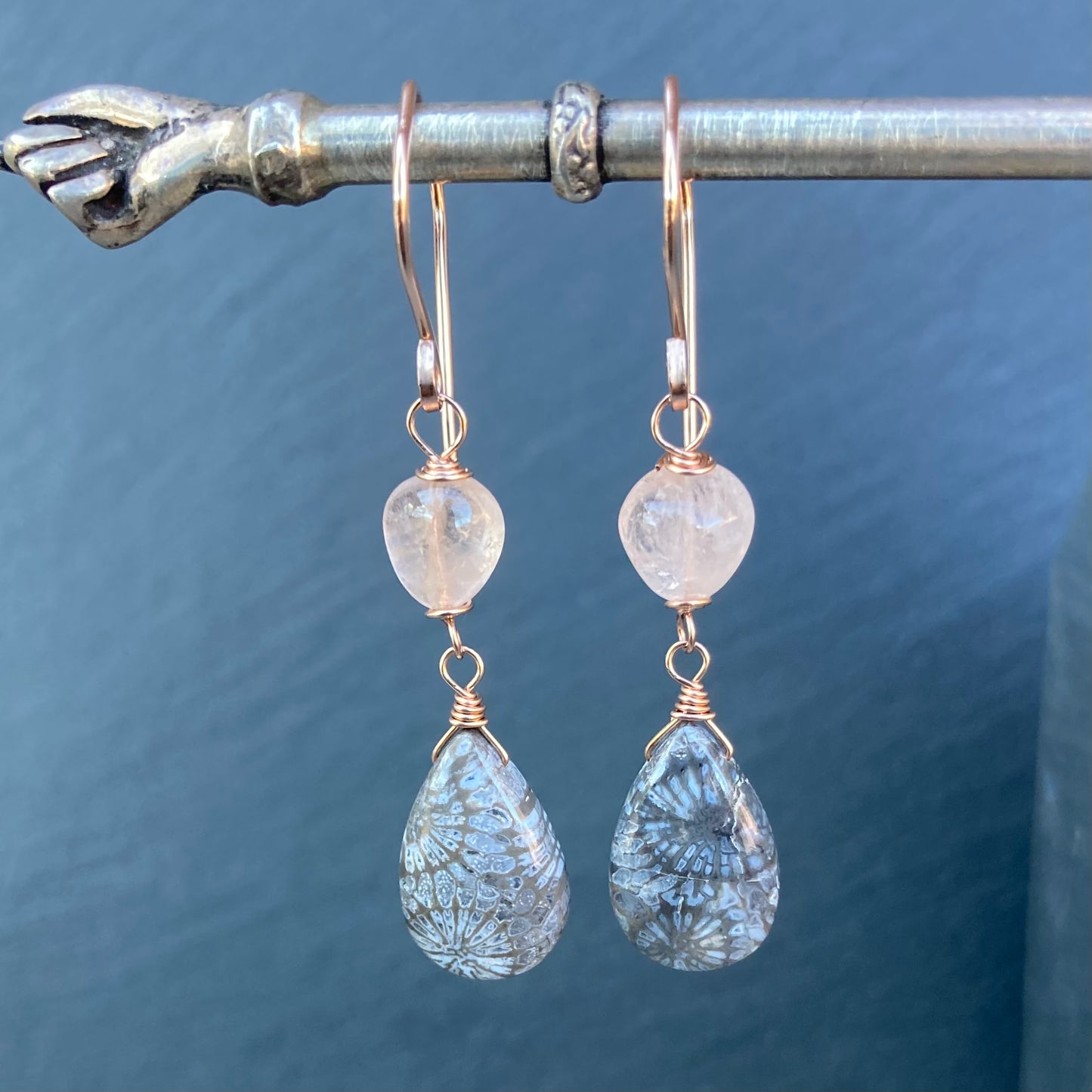 Fossil Coral, Morganite & Rose Gold Earrings