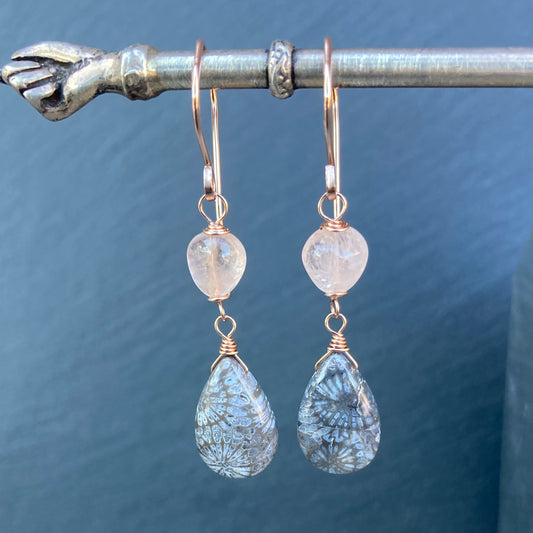 Fossil Coral, Morganite & Rose Gold Earrings