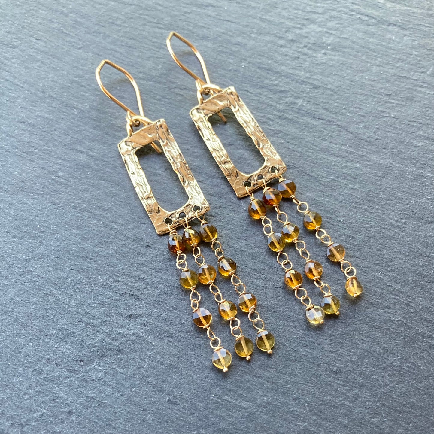 Petro Tourmaline, Gold & Bronze Long Fringe Hoops
