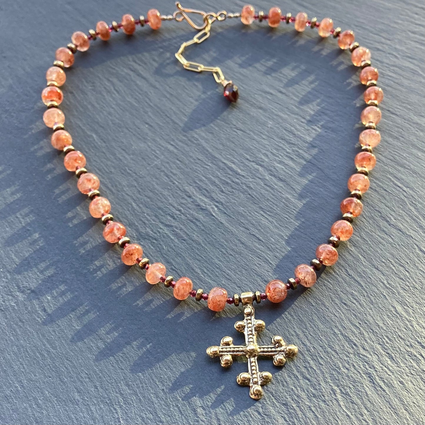 Strawberry Quartz, Garnet & Bronze Coptic Cross Necklace