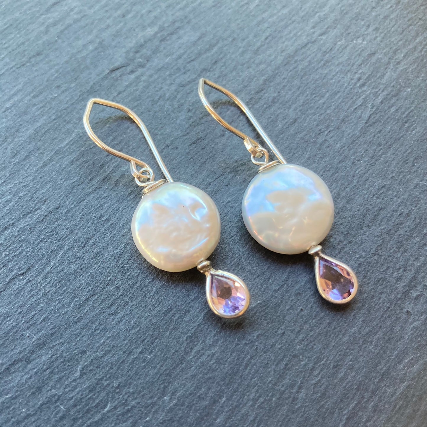 Freshwater Coin Pearl, Amethyst & Sterling Silver Earrings