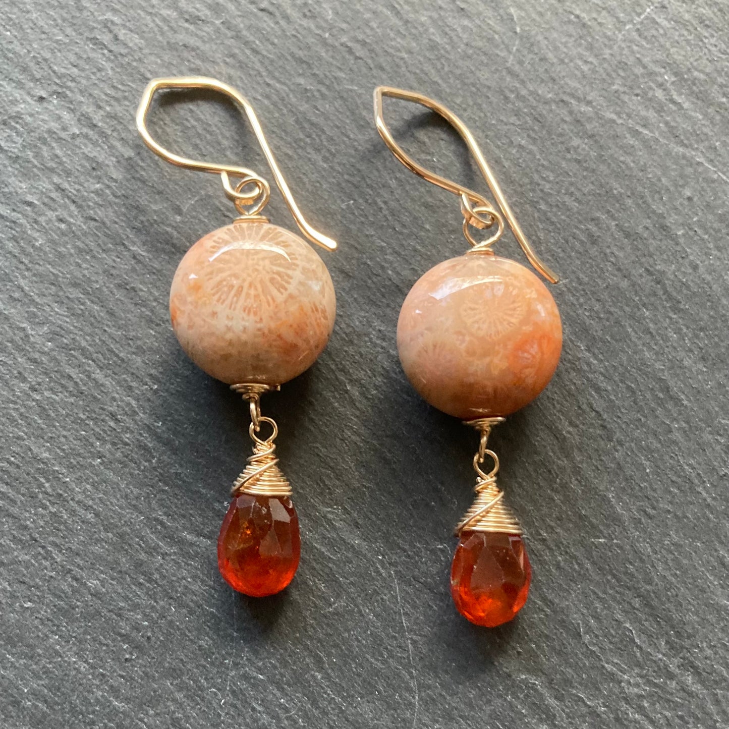 Fossil Coral, Hessonite Garnet & Gold Earrings