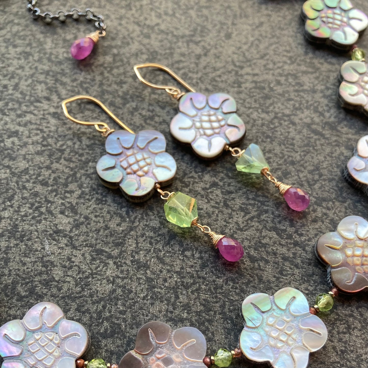Black Mother of Pearl, Peridot, Ruby & Gold Cherry Blossom Earrings