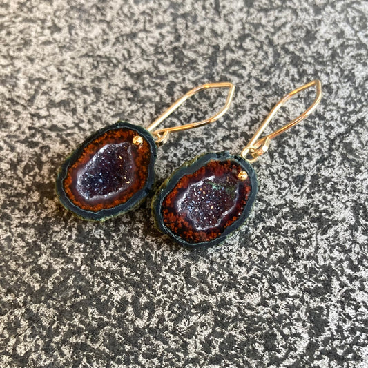 Red Druzy Tabasco Geode & Gold Earrings