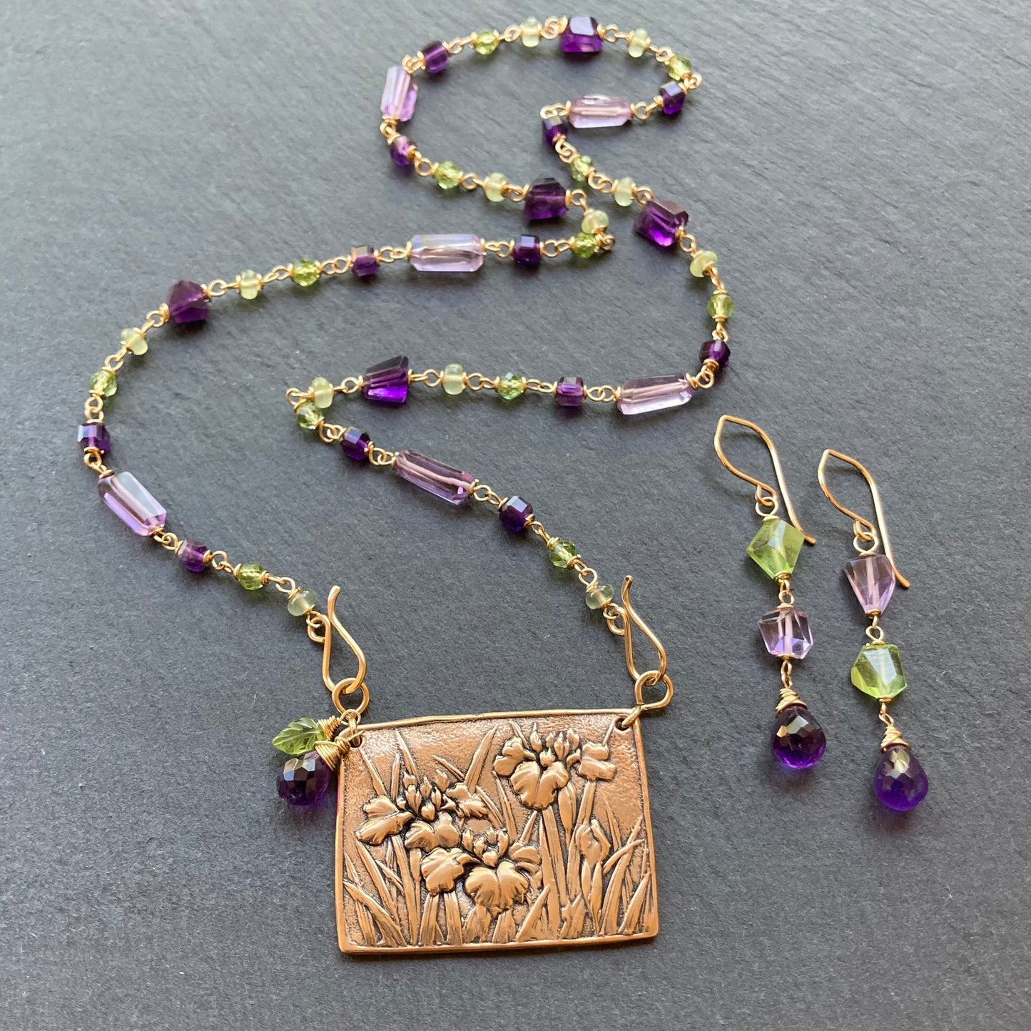 Amethyst, Peridot & Gold Long Drop Earrings