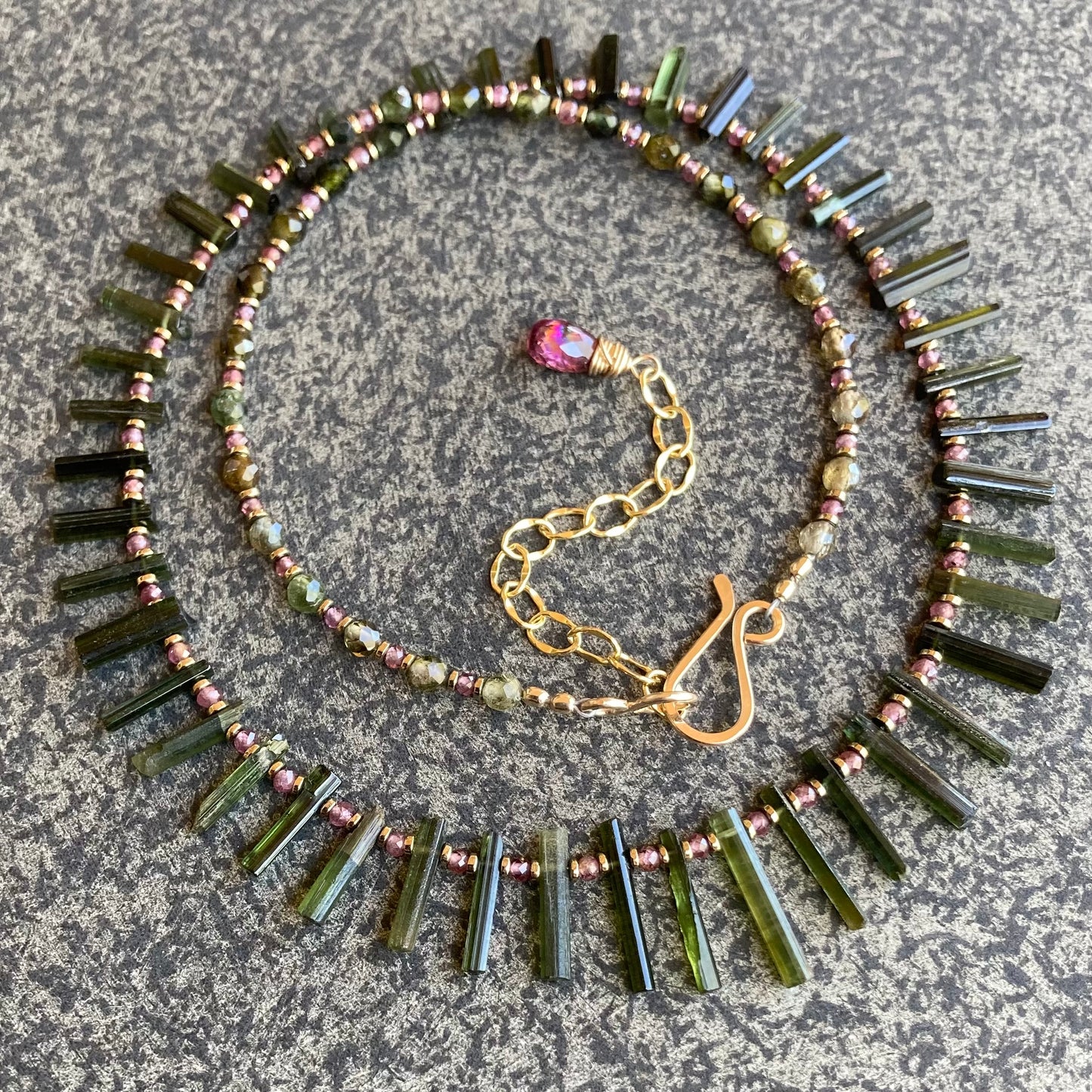 Raw Green Tourmaline, Rhodolite Garnet & Pyrite Choker