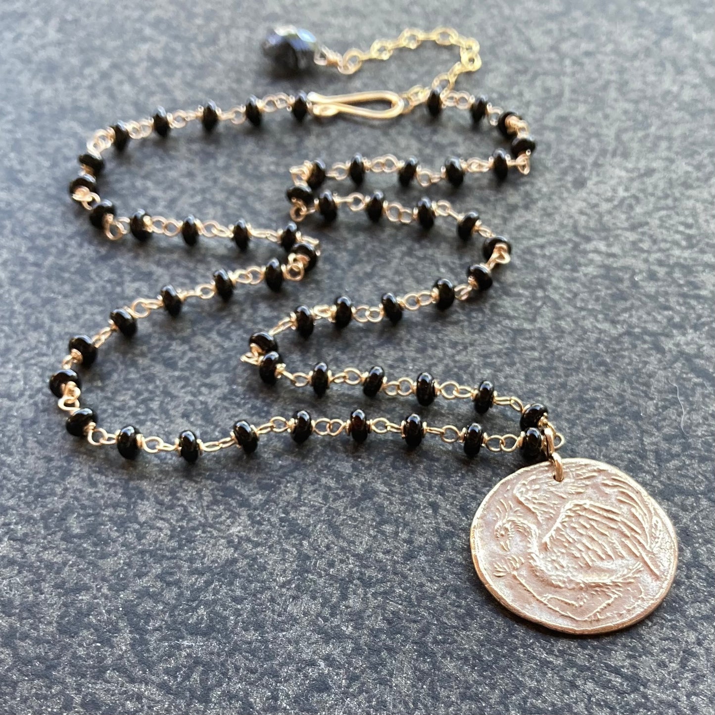 Black Onyx, Gold & Bronze Phoenix Rising Coin Necklace