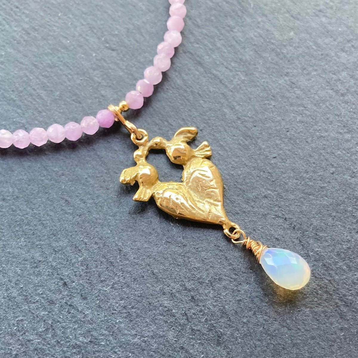 Kunzite, Ethiopian Opal, Gold & Bronze Love Birds Pendant Necklace