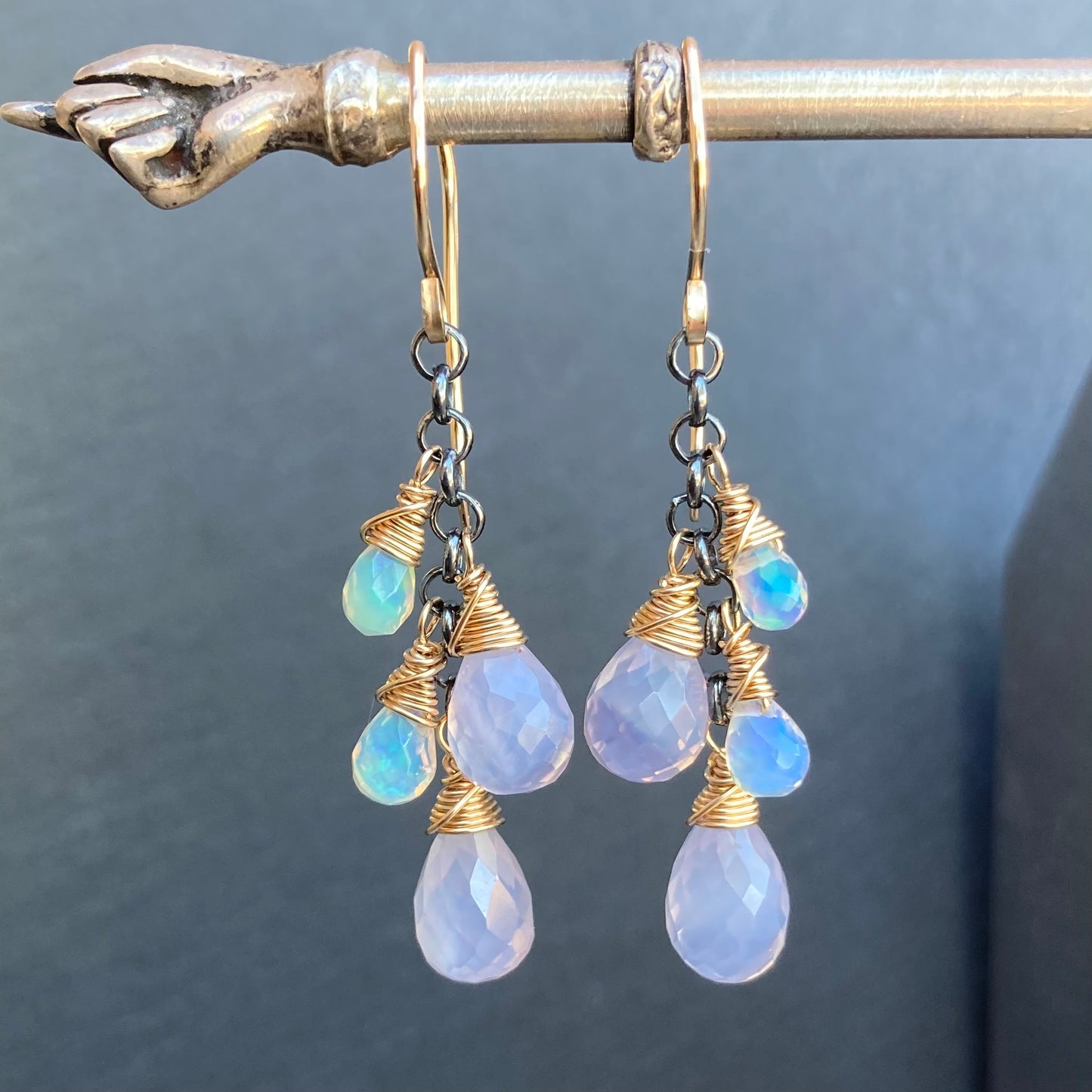 Scorolite, Ethiopian Opal & Mixed Metal Cascade Earrings
