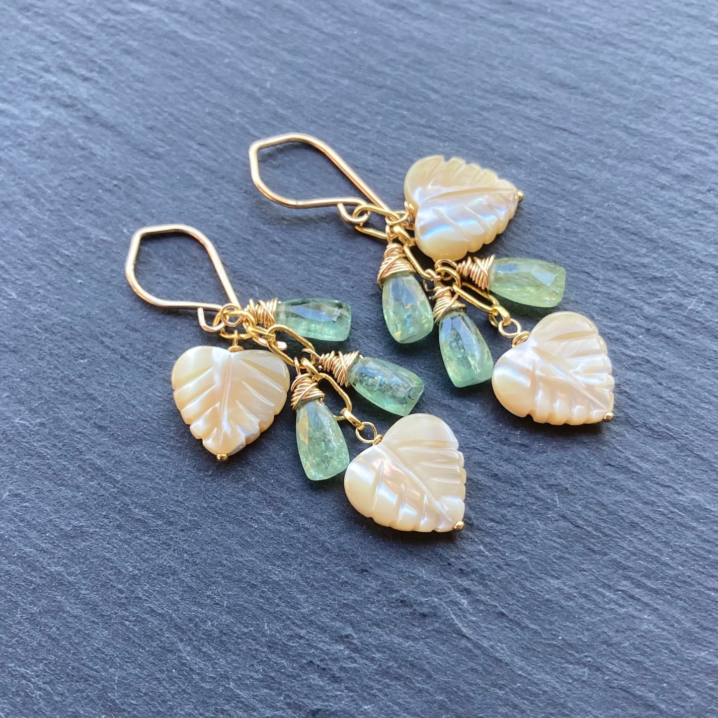 Mother of Pearl, Green Kyanite & Gold Palm Heart Earrings