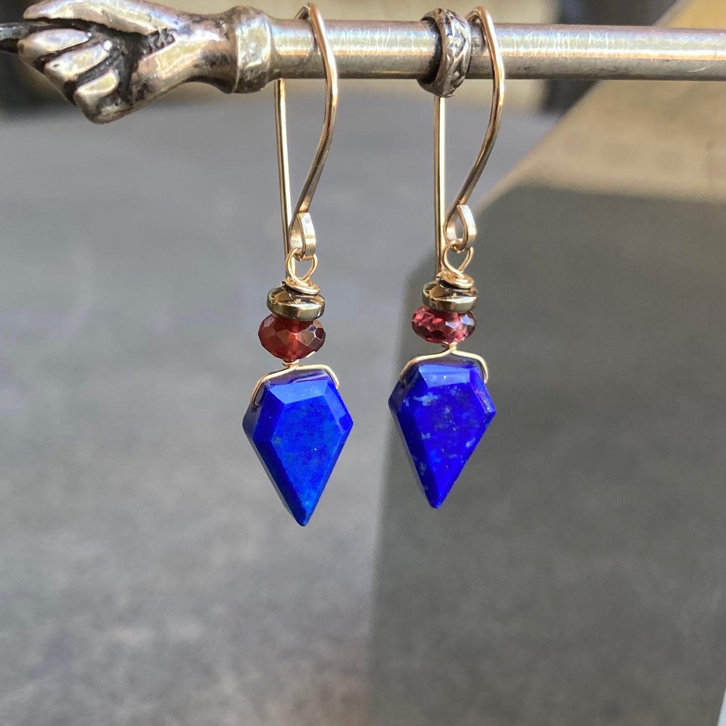 Lapis, Mozambique Garnet, Pyrite & Gold Earrings