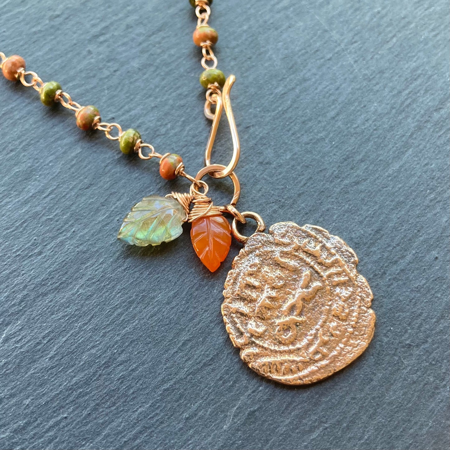 Unakite, Rose Gold & Bronze Medieval Coin Necklace