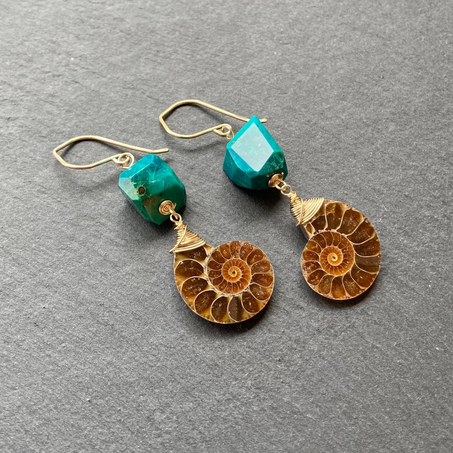 Ammonite, Chrysocolla & Gold Earrings