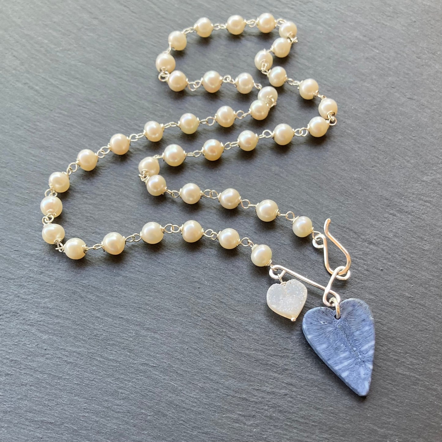 Freshwater Pearl, Sterling Silver & Blue Coral Heart Pendant Necklace