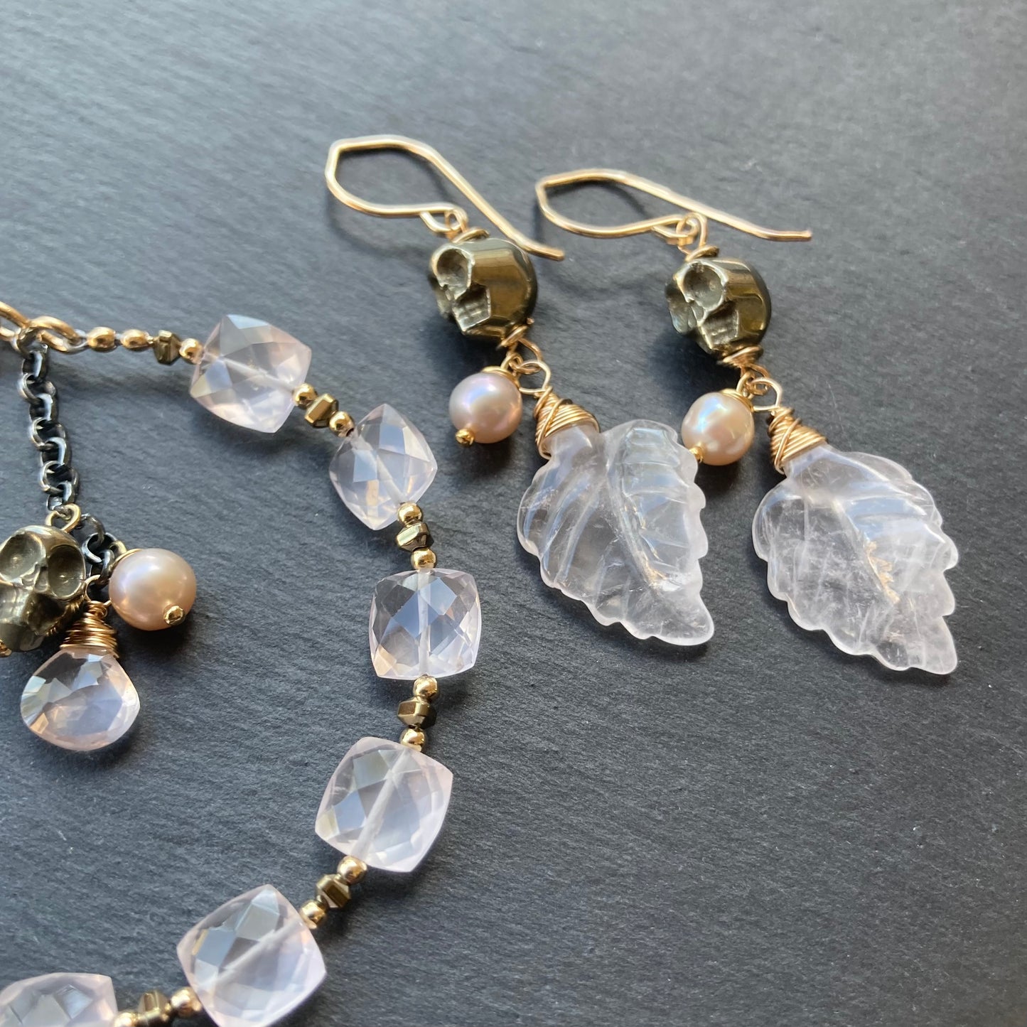 Rose Quartz, Pyrite & Gold Calavera Earrings