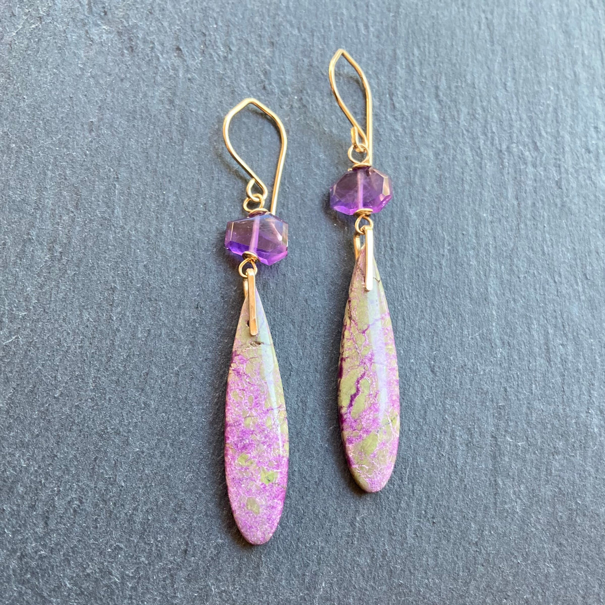 Atlantisite Stichtite, Amethyst & Gold Long Drop Earrings