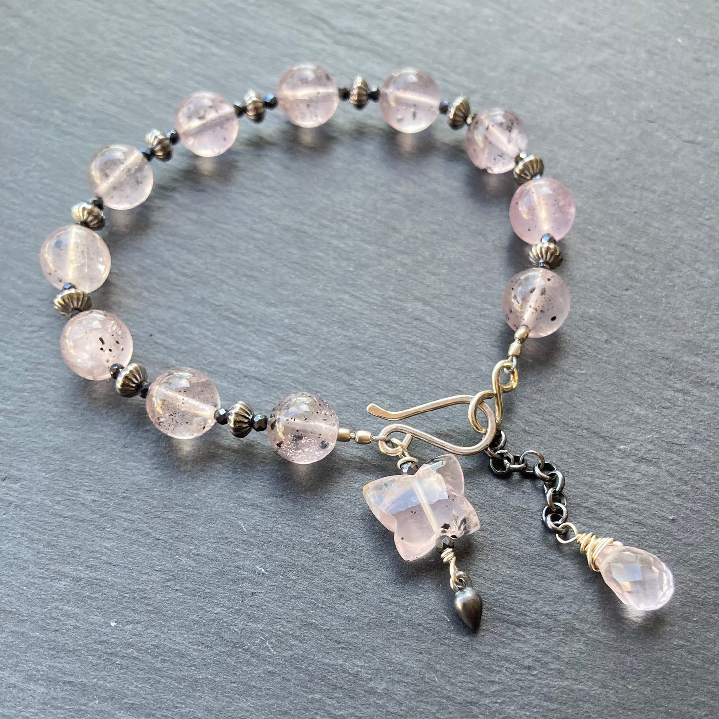 Hematite in Rose Quartz & Sterling Silver Butterfly Charm Bracelet
