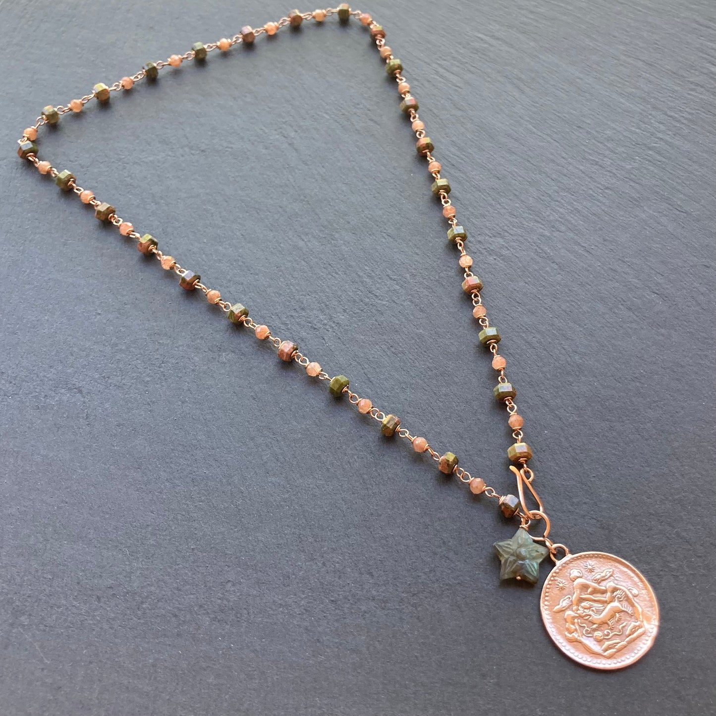 Unakite, Sunstone, Rose Gold & Red Bronze Tibetan Snow Lion Coin Necklace