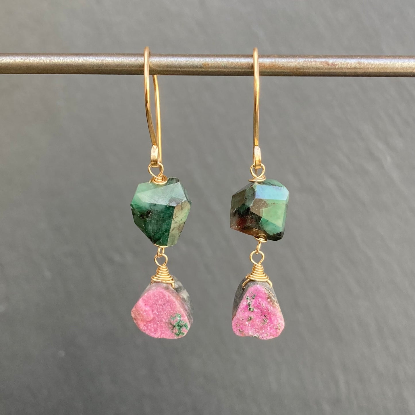 Natural Emerald, Cobalto Calcite & Gold Earrings