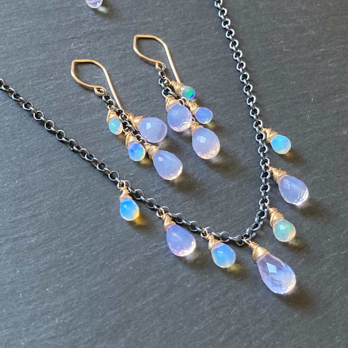 Scorolite, Ethiopian Opal & Mixed Metal Cascade Earrings