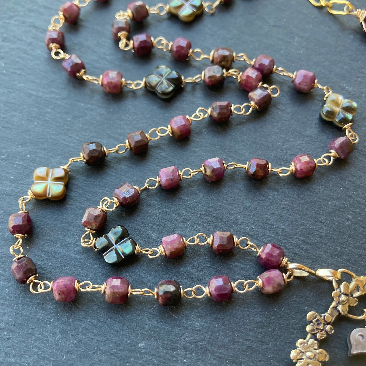 Natural Ruby, Black Mother of Pearl, Gold & Bronze Blossoming Plum Pendant Necklace