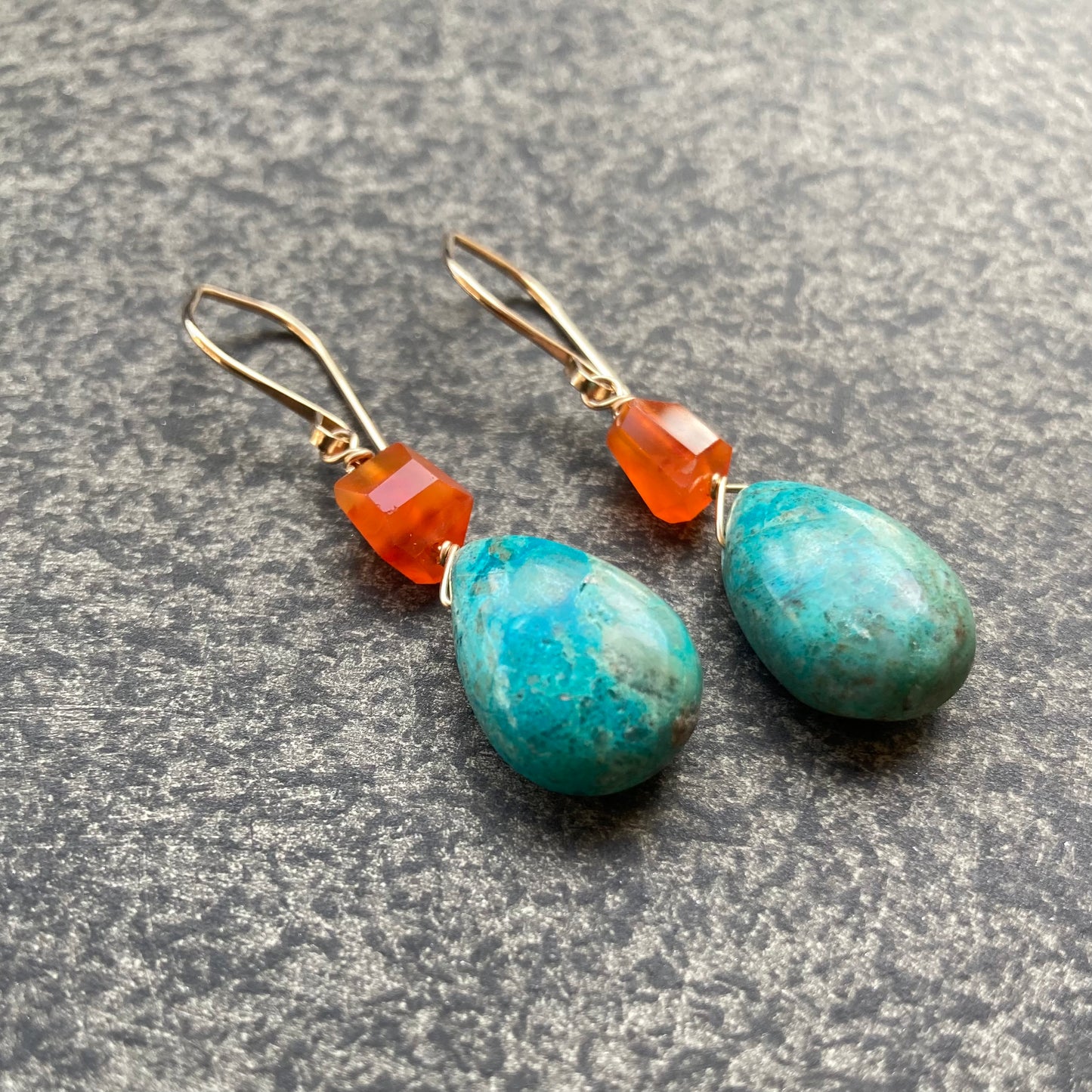 Chrysocolla, Carnelian & Gold Earrings