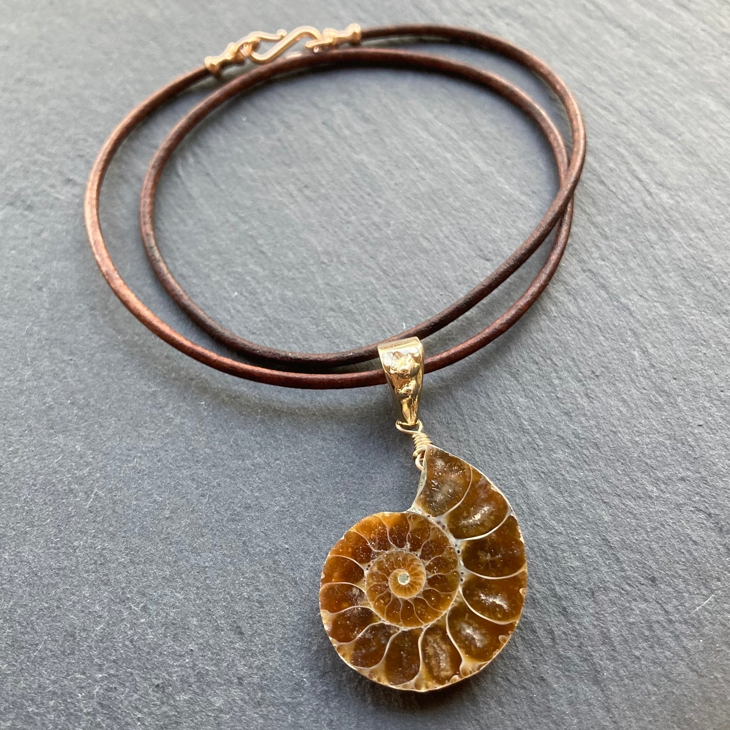 Natural Ammonite & Bronze Leather Choker (left facing)
