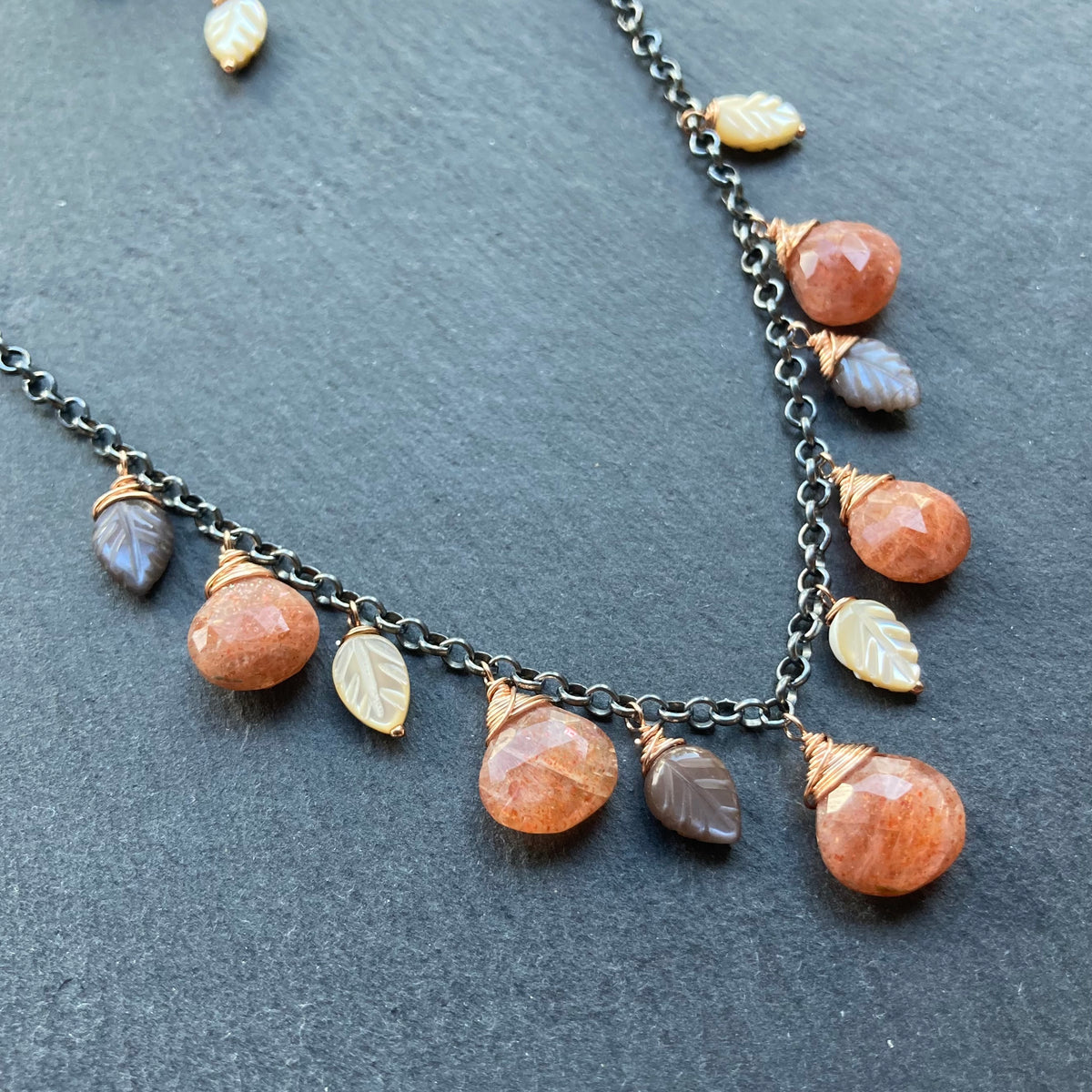 Sunstone, Chocolate Moonstone, Mother of Pearl & Mixed Metal Charm Choker