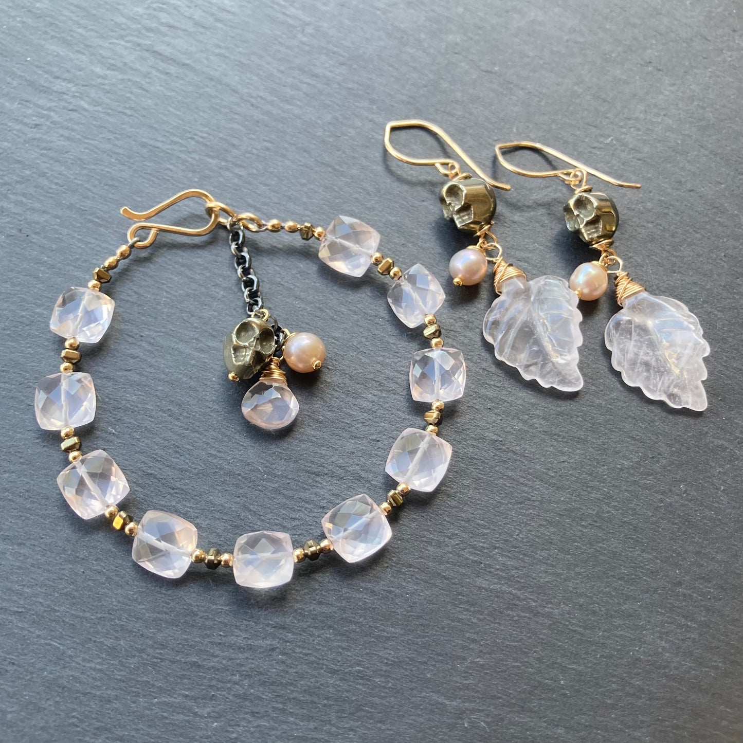 Rose Quartz, Pyrite & Gold Calavera Earrings