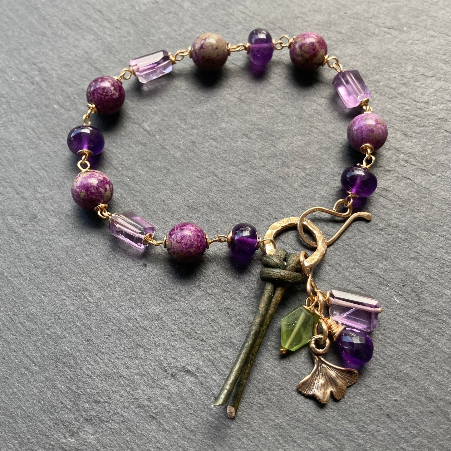 Atlantisite Stichtite, Amethyst & Gold Charm Bracelet