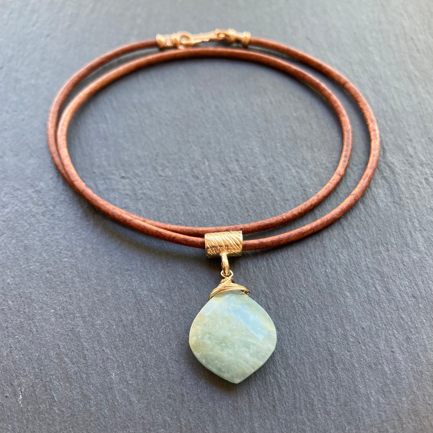 Aquamarine & Bronze Leather Choker