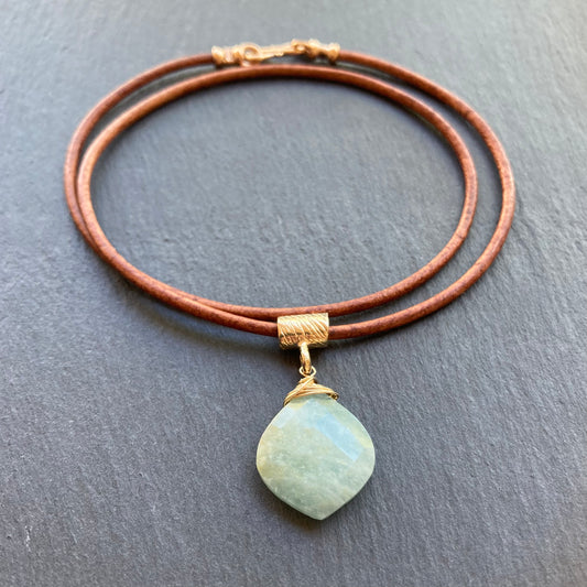 Aquamarine & Bronze Leather Choker