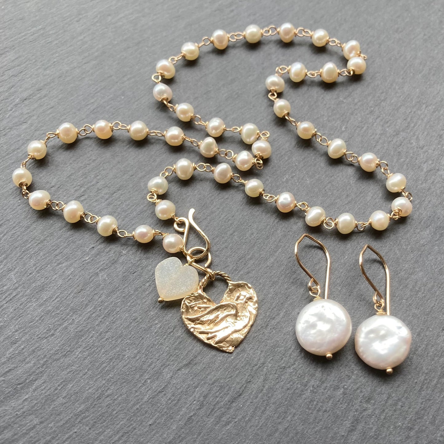 Freshwater Pearl, Gold & Bronze Peace & Love Pendant Necklace